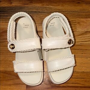 a new day off White Braided-Strap Sandals with Gold Accent